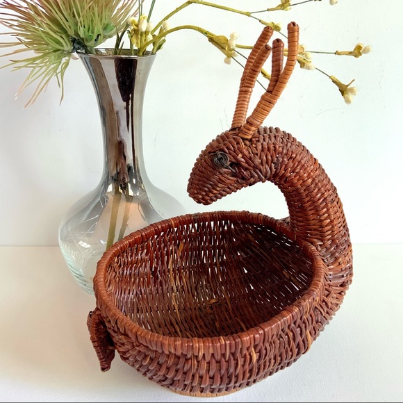 Vintage Deer Shaped Woven Wicker Basket Antlers